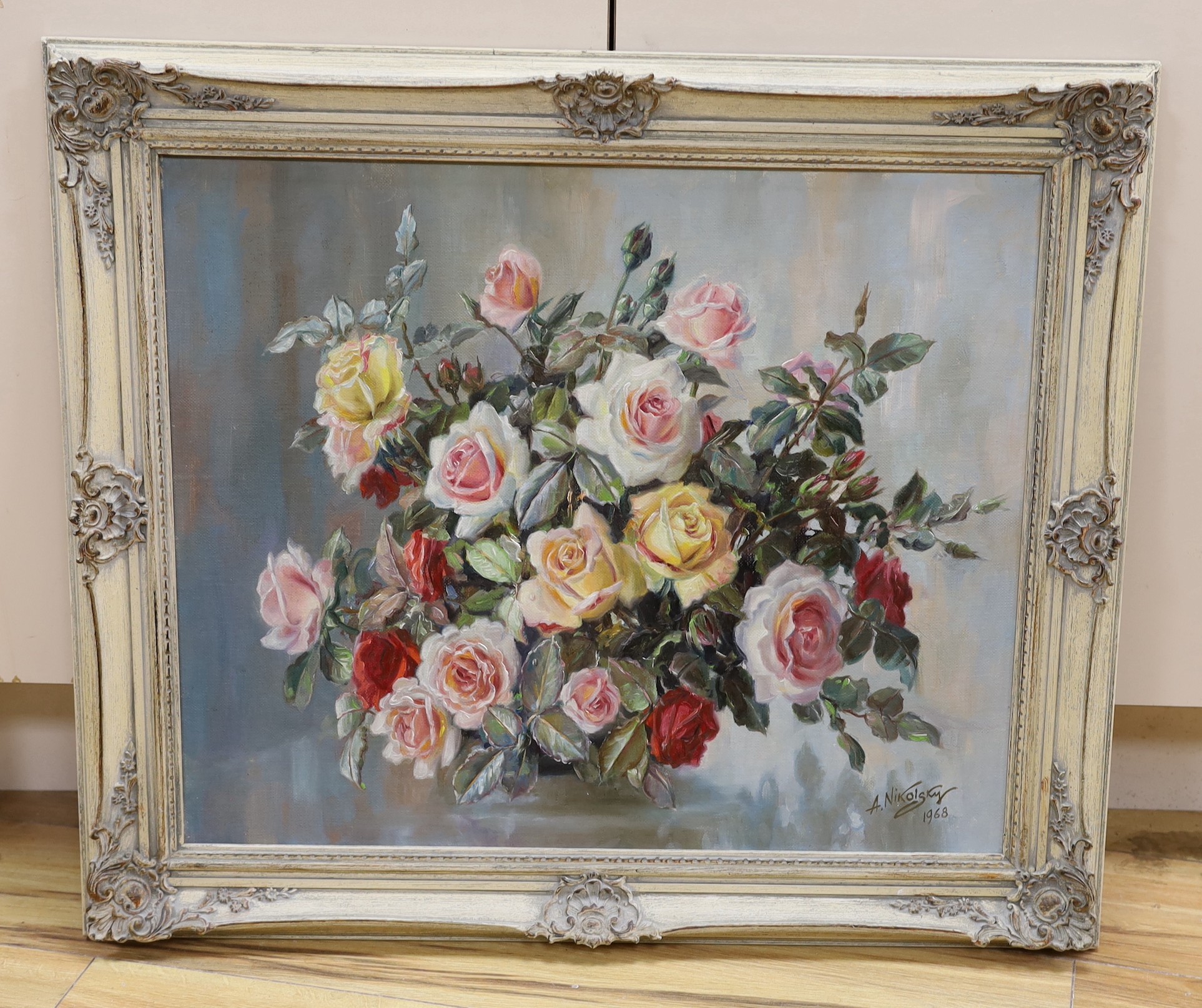 Athanasius Nikolsky. (fl.1950-1980), oil on canvas, Still life of mixed roses, signed and dated 1968, 50 x 60cm